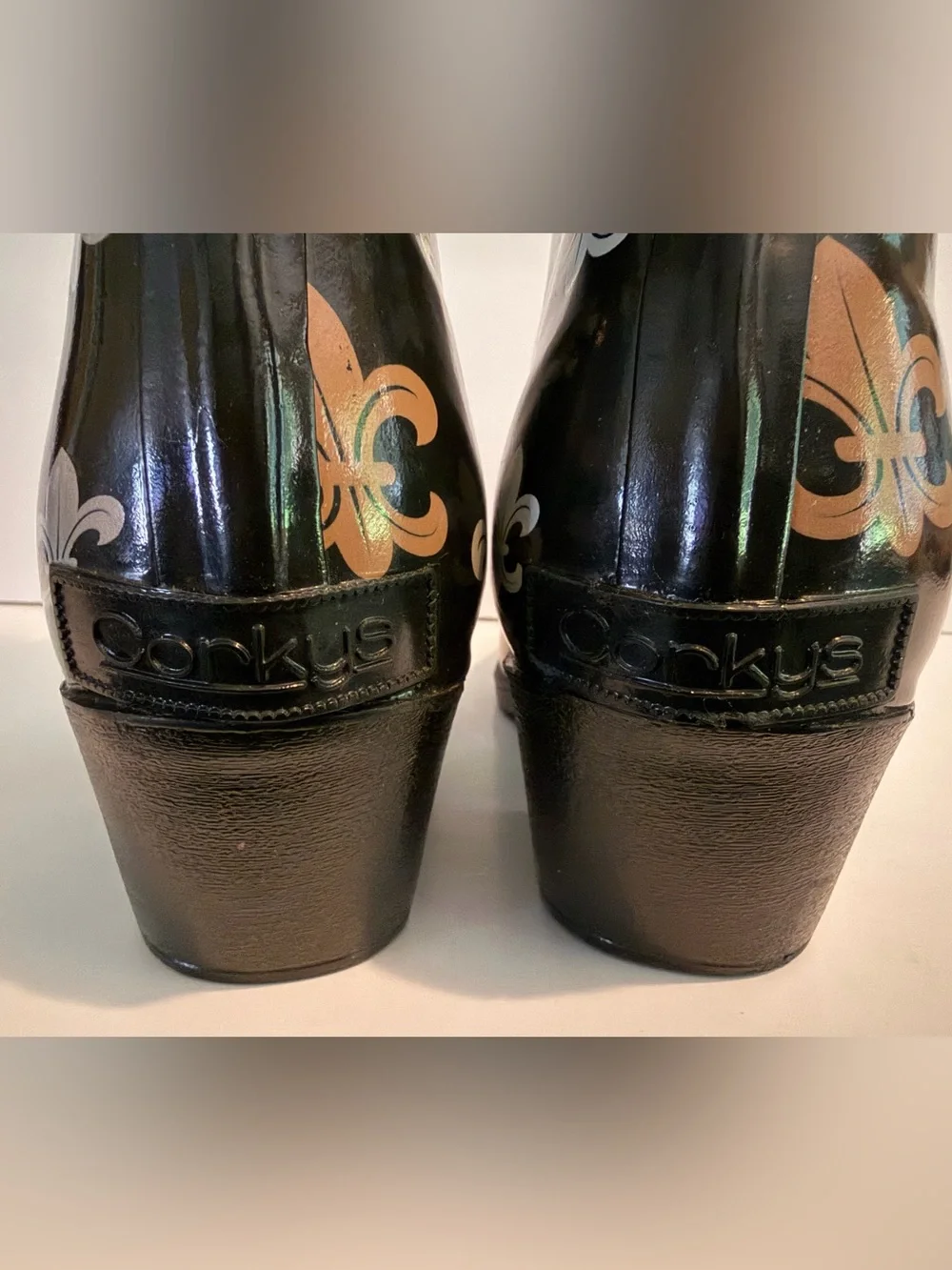 Corkys black Fleur De Lis cowboy style rubber rainbow boots women’s size 9